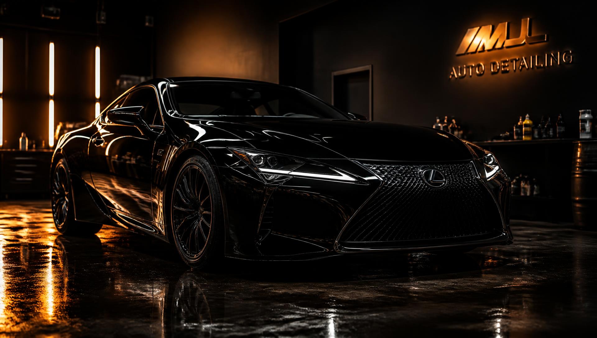 Glossy black luxury car in a detailing studio